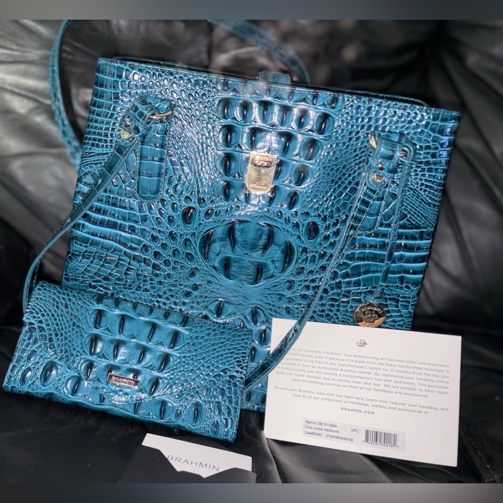 Brahmin Teal Croc-Embossed Satchel with Matching Wallet